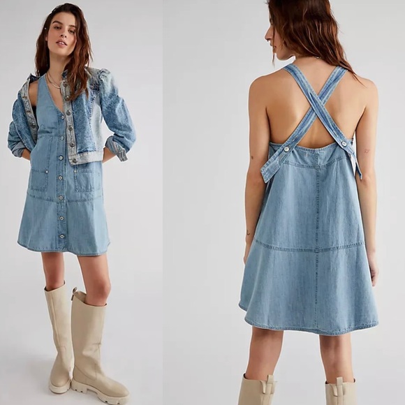 FREE PEOPLE Blue Bloom Pocket Full of Sunshine Denim Button-Up Shift Dress M - Picture 2 of 9